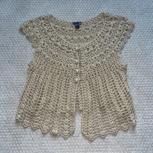 Y2K Boho Cream crochet cardigan with pearl buttons fairy size large